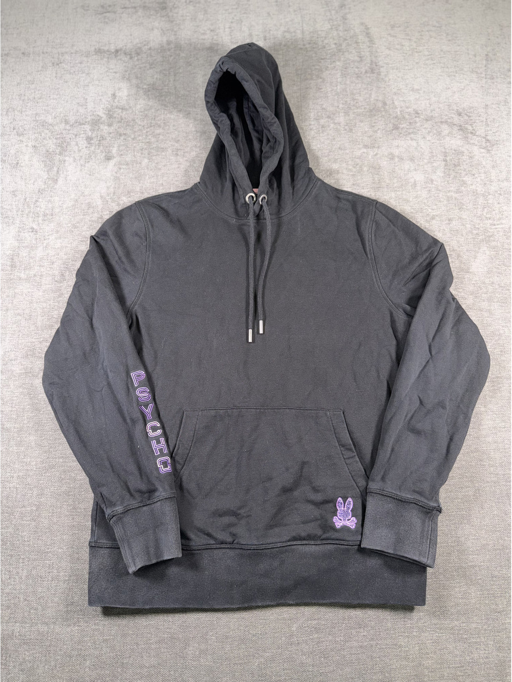 Psycho Bunny Black Pullover Hoodie with Purple Logo and Sleeve Text